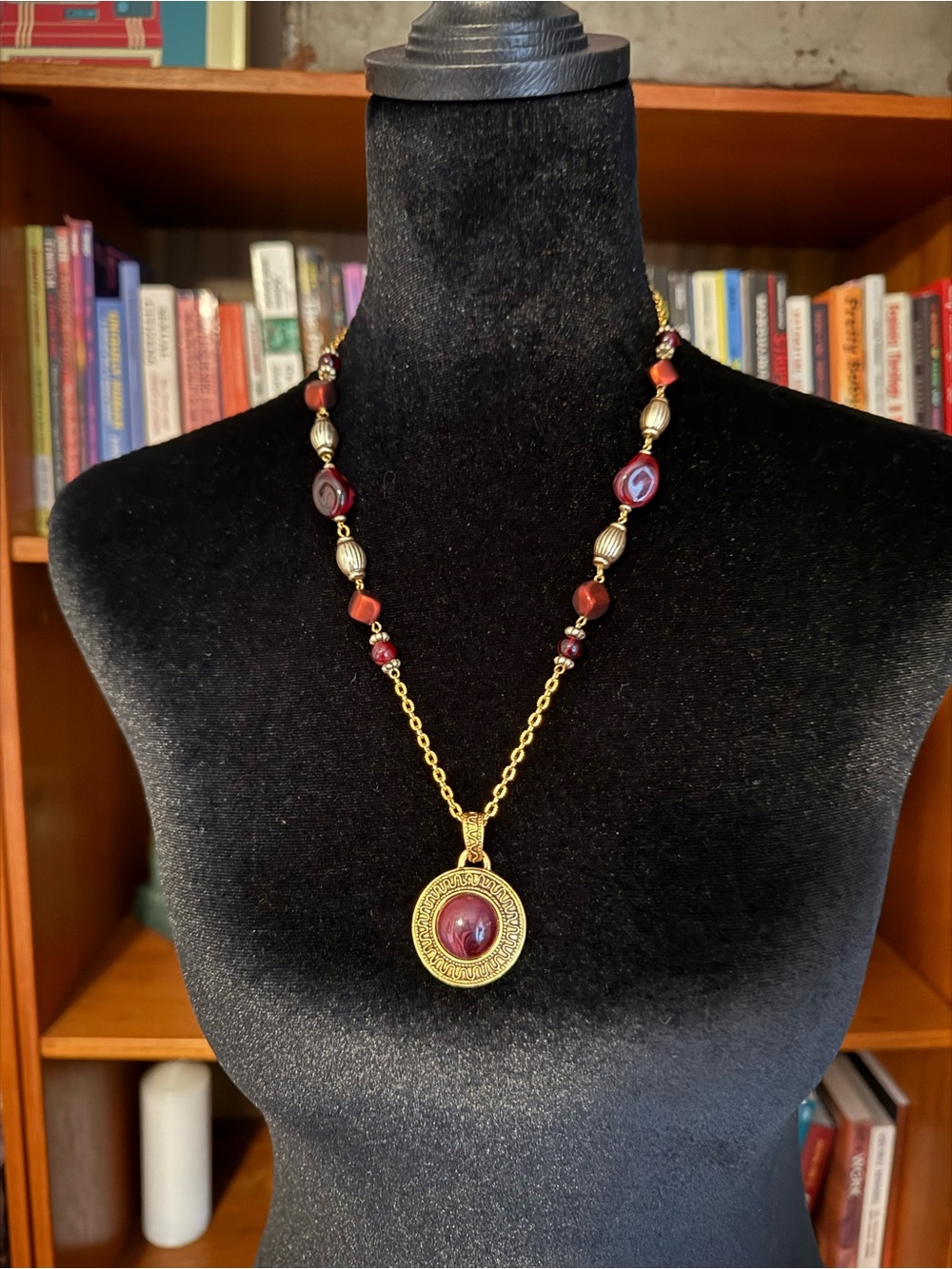 Gold-Tone Pendant Necklace with Burgundy Beads
